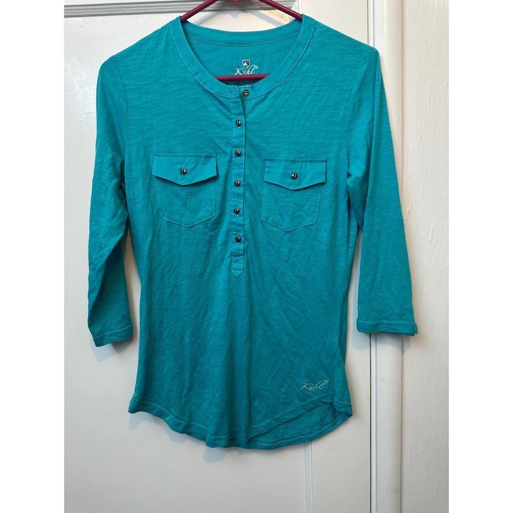Kuhl Women Teal Slub Knit 3/4 Sleeve Henley Top Button Pocket Small RN 108846